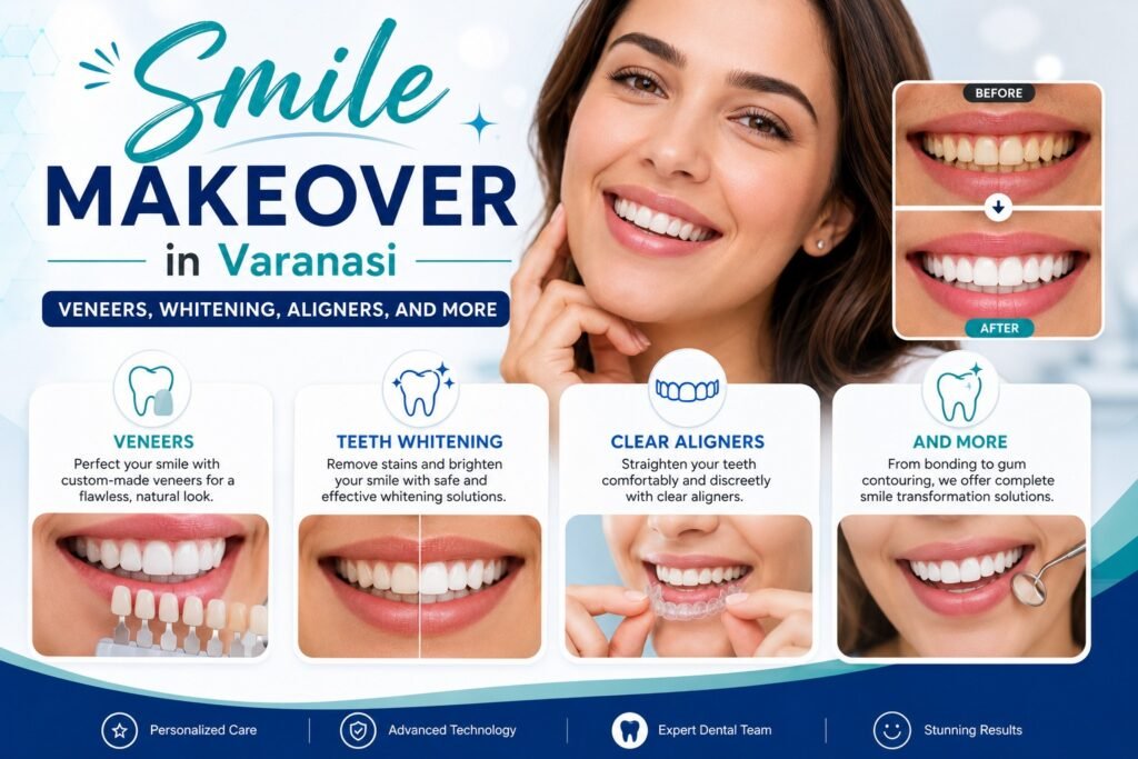 In Varanasi, cosmetic dentistry is becoming increasingly popular as more people seek safe, advanced, and personalized smile enhancement solutions. Whether you want whiter teeth, straighter alignment, or a complete transformation, treatments like veneers, teeth whitening, aligners, and dental bonding can help.