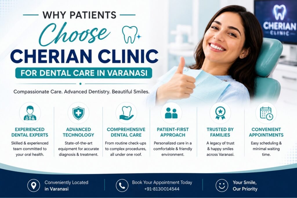 Over the years, Cherian Clinic has earned a strong reputation for delivering reliable, patient-focused dental care in Varanasi. From routine checkups to advanced dental procedures, the clinic focuses on providing safe, comfortable, and result-oriented treatment.