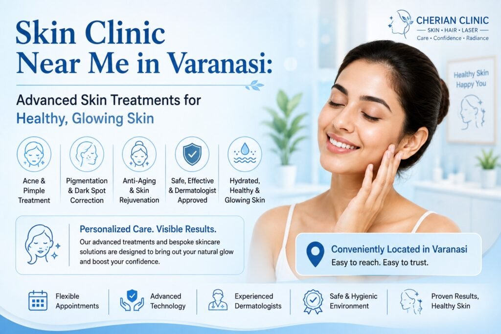 # Skin Clinic Near Me in Varanasi: Advanced Skin Treatments for Healthy, Glowing Skin **Looking for a skin clinic near me in Varanasi?** Choosing a clinic for acne, pigmentation, uneven skin tone, signs of ageing, or other skin concerns is about more than finding the closest address. Good skin care starts with understanding the cause of a concern, assessing your skin properly, choosing an appropriate treatment, and following a realistic maintenance plan. At **Cherian Clinic, Sundarpur, Varanasi**, skin care is part of a broader Dental, Skin and Hair care practice focused on personalized treatment and patient experience. The clinic lists skin services addressing concerns such as acne, pigmentation, anti-ageing, and healthy-looking skin. ([cherianclinic.com][1]) This guide explains what to look for in a skin clinic, how professional skin treatment works, which concerns may require clinical assessment, and how patients in Varanasi can make a more informed decision. --- ## What Is a Skin Clinic? **Quick answer:** A skin clinic is a healthcare or aesthetic-care facility where trained professionals assess and manage skin concerns and may provide appropriate medical, procedural, or aesthetic treatments based on individual needs. Skin concerns can range from occasional acne and sun-related pigmentation to persistent breakouts, uneven texture, visible ageing, scars, and other conditions. The right treatment depends on the underlying cause rather than simply the visible symptom. For example, dark spots can have different causes, including post-inflammatory pigmentation, sun exposure, hormonal influences, or other skin conditions. Treating every dark spot with the same procedure is therefore not a good approach. A professional consultation generally considers: * Your main skin concern * How long you have experienced it * Previous treatments * Current skincare products * Skin sensitivity * Lifestyle and sun exposure * Medical history where relevant * Treatment expectations **Practical tip:** Before searching for the “best skin clinic near me,” identify the problem you want help with. Search terms such as **acne treatment in Varanasi**, **pigmentation treatment in Varanasi**, or **skin consultation near Sundarpur** can help you find more relevant options. --- ## Why Choose Professional Skin Care Instead of Random Home Remedies? **Quick answer:** Professional skin care can help identify the likely cause of a concern and select treatment based on the individual's skin condition, while random home remedies may be ineffective or irritating. The internet is full of skincare advice, but not every popular remedy is appropriate for every skin type. Using strong acids, untested mixtures, excessive exfoliation, or multiple active ingredients without guidance can irritate the skin barrier. For acne, evidence-based dermatological treatment may include topical medicines such as retinoids or benzoyl peroxide, depending on the clinical situation. The American Academy of Dermatology's acne guidelines support several evidence-based topical and systemic approaches. ([American Academy of Dermatology][2]) Professional care is particularly useful when: * Acne is persistent or painful * Pigmentation keeps returning * Skin becomes irritated easily * Acne is leaving marks or scars * Over-the-counter products are not helping * You are considering a cosmetic procedure * You are unsure which products are suitable **Example:** Someone with repeated acne may focus only on drying pimples. A professional assessment can instead consider acne severity, inflammation, pigmentation after acne, skincare habits, and the possibility of a longer-term maintenance strategy. --- ## Skin Treatments Available at Cherian Clinic, Varanasi **Quick answer:** Cherian Clinic presents skin care as one of its core service areas, with solutions for concerns including acne, pigmentation, anti-ageing, and maintaining healthy-looking, radiant skin. ([cherianclinic.com][1]) The clinic's approach is centered on personalized care rather than treating every patient with the same routine. ### Common skin-care concerns include: **Acne and breakouts** Acne can involve clogged pores, inflammation, excess oil production, and bacteria-related processes. Treatment depends on severity and individual circumstances. **Pigmentation and uneven skin tone** Dark spots may develop after acne or inflammation, with sun exposure potentially making pigmentation more noticeable. A suitable plan should address both the pigmentation and its triggers. **Age-related skin changes** Fine lines, uneven texture and changes in skin firmness are normal parts of ageing. Professional aesthetic care may focus on improving appearance while maintaining realistic expectations. **Skin health and glow** Healthy-looking skin is not simply about making skin lighter. It involves maintaining the skin barrier, managing concerns, protecting against UV exposure, and choosing products or procedures appropriate to the individual. **Practical tip:** Ask what the treatment is intended to improve, how many sessions may be required, possible side effects, downtime, and what maintenance is expected. --- ## How Does a Skin Consultation Work? **Quick answer:** A skin consultation begins by understanding your concern and history, followed by an assessment of the skin and discussion of suitable treatment options, expected outcomes, risks, and aftercare. A useful consultation should be a conversation rather than simply a procedure recommendation. ### Step 1: Explain your concern Tell the clinician what bothers you most. For example: > “I have acne marks that become darker after spending time outdoors.” This is more useful than simply saying “I want glowing skin.” ### Step 2: Discuss your history You may be asked about: * Previous acne * Current medications * Skincare products * Allergies or sensitivities * Previous procedures * Sun exposure * Duration of the concern ### Step 3: Assess the skin The clinician evaluates visible features such as acne, pigmentation, texture, dryness, oiliness, inflammation, or other relevant signs. ### Step 4: Discuss treatment options Depending on the concern, the plan may involve skincare, medication where clinically appropriate, procedures, lifestyle measures, or a combination. ### Step 5: Understand aftercare Ask what you should avoid after treatment and how you should protect your skin. This step-by-step process helps prevent unrealistic expectations and supports informed decision-making. --- ## Why Sunscreen Is Essential for Healthy Skin **Quick answer:** Regular sun protection helps reduce UV-related skin damage, sunburn, premature skin ageing, and the risk of skin cancer. The American Academy of Dermatology recommends broad-spectrum, water-resistant sunscreen with SPF 30 or higher for exposed skin. ([American Academy of Dermatology][3]) Sun protection is particularly important when managing pigmentation or trying to maintain results from a skin treatment. The American Academy of Dermatology recommends combining sunscreen with other protective measures such as seeking shade and wearing sun-protective clothing. ([American Academy of Dermatology][4]) ### A practical daily routine 1. Apply sunscreen before going outdoors. 2. Choose broad-spectrum SPF 30 or higher. 3. Use water-resistant sunscreen when appropriate. 4. Reapply according to exposure and product instructions. 5. Use hats, clothing, and shade for additional protection. For acne-prone skin, the AAD also recommends considering non-comedogenic sunscreen products. ([American Academy of Dermatology][2]) **Varanasi-specific tip:** If you spend substantial time commuting, working outdoors, travelling, or participating in daytime activities, consistent sun protection should be part of your daily routine rather than something reserved for holidays. --- ## Acne Treatment: When Should You Consult a Skin Clinic? **Quick answer:** Professional assessment is worth considering when acne is persistent, painful, recurrent, leaving marks or scars, or affecting confidence despite regular skincare. Not every pimple requires a clinic visit. Occasional mild breakouts may improve with appropriate basic skincare. However, persistent or inflammatory acne can benefit from professional evaluation. The AAD notes that effective acne treatment can involve different approaches, including topical retinoids, benzoyl peroxide, antibiotics in appropriate cases, and combinations of therapies. ([American Academy of Dermatology][2]) ### Common mistakes include: * Picking or squeezing pimples * Using too many active products * Over-exfoliating * Changing treatment every few days * Ignoring sunscreen * Expecting overnight results **Real-world example:** A patient may initially focus on acne itself but later become more concerned about dark marks left behind. A better strategy considers both active acne and post-acne pigmentation while minimizing further irritation. **Practical tip:** Give a professionally recommended routine enough time to work unless significant irritation or another problem occurs. Skin improvement is often a process, not an overnight transformation. --- ## Pigmentation and Uneven Skin Tone: Why Diagnosis Matters **Quick answer:** Pigmentation can have several causes, so effective management starts by identifying the likely cause and controlling factors that can worsen it, particularly UV exposure. Pigmentation can appear after acne, inflammation, irritation, hormonal changes, or sun exposure. The treatment strategy therefore varies. One important principle is **prevention of recurrence**. If someone treats pigmentation but continues significant UV exposure without protection, improvement may be harder to maintain. The AAD notes that sun protection can help reduce the risk of dark spots and premature skin ageing. ([American Academy of Dermatology][5]) ### A sensible approach **Assess → Identify likely cause → Treat appropriately → Protect → Maintain** This framework is more useful than simply searching for the strongest pigmentation treatment. **Practical tip:** Avoid unverified “instant fairness” or bleaching products. Ask a qualified professional about the ingredients and suitability of any product you plan to use. --- ## Skin Procedures: Are They Suitable for Everyone? **Quick answer:** No. A cosmetic or procedural treatment that works well for one person may be unsuitable for another, which is why skin assessment and individualized treatment planning matter. Procedures such as chemical peels, light-based treatments, lasers, or other aesthetic procedures may have specific indications and limitations. For example, the AAD explains that laser and light therapies can be useful as part of acne treatment for some patients, but results are variable and these treatments do not necessarily clear acne completely on their own. ([American Academy of Dermatology][6]) Before considering any procedure, ask: | Question | Why it matters | | -------------------------------- | ------------------------------------ | | What problem will it address? | Clarifies the treatment goal | | Why is it recommended for me? | Establishes clinical relevance | | How many sessions may be needed? | Helps with planning | | What are the risks? | Supports informed consent | | Is there downtime? | Helps manage work/social commitments | | What aftercare is required? | Supports recovery | | What happens if I do nothing? | Provides a balanced comparison | A trustworthy clinic should be willing to discuss benefits **and limitations**, not only advertise the advantages. --- ## How to Choose the Best Skin Clinic Near Me in Varanasi **Quick answer:** Compare a clinic based on professional qualifications, experience, treatment suitability, hygiene, transparency, patient feedback, consultation quality, and follow-up—not simply proximity or advertising claims. When comparing skin clinics in Varanasi, consider these seven factors: ### 1. Professional qualifications Check who will evaluate and perform the treatment and what their professional training is. ### 2. Relevant experience Experience should be relevant to the specific service you are considering. ### 3. Individualized treatment Avoid clinics that recommend the same treatment to everyone without assessment. ### 4. Transparent communication You should understand the expected benefits, limitations, risks, cost considerations, and aftercare. ### 5. Hygiene and clinical standards Aesthetic procedures require appropriate infection-control and equipment practices. ### 6. Patient reviews Reviews can provide useful information about communication, punctuality, staff behavior, comfort, and overall experience. However, reviews should be treated as one trust signal rather than proof that a treatment will produce the same result for you. ### 7. Convenient location and follow-up A nearby clinic can make follow-up appointments easier, particularly when treatment involves multiple visits. --- ## Cherian Clinic Varanasi: Experience, Expertise and Patient Trust **Quick answer:** Cherian Clinic is a Dental, Skin and Hair care center in Sundarpur, Varanasi, offering personalized skin-care solutions alongside dental and hair services. Its website states that the clinic has more than 15 years of experience associated with Dr. Navneet Kaur and reports 4.9 average rating, 200+ reviews, and 5K+ patients treated. ([cherianclinic.com][1]) ### About Dr. Navneet Kaur Dr. Navneet Kaur is presented by Cherian Clinic as its Director and a dental surgeon involved in Dental, Skin and Hair aesthetics. Her qualifications listed by the clinic include: * **Bachelor of Dental Surgery (BDS)** – Panjab University, Chandigarh * **Certificate in Dental Implantology** – Green Park Dental Institute, New Delhi * **Fellowship in Facial Aesthetics** – Trinity Aesthetics Academy, Mumbai * **Certificate in Soft Skills Training** – Conselle Institute of Image Management, USA Her professional background includes clinical and leadership roles, including experience at Fortis Hospital and Daffodil Dental, according to the clinic's published profile. Importantly, patients should always verify which qualified professional will personally evaluate and perform a specific skin procedure, particularly for medical skin conditions or advanced procedures. This distinction is an important part of trustworthy healthcare communication: **the right professional should be matched to the right clinical problem.** --- ## What Do Patient Reviews Tell You About a Skin Clinic? **Quick answer:** Patient reviews can help you understand the care experience, communication, staff behavior, and perceived satisfaction, but they should complement—not replace—professional evaluation. Cherian Clinic's website currently displays an overall 4.9 rating and 200+ reviews, along with Google and Justdial review figures. ([cherianclinic.com][1]) Reviews are most useful when you look beyond the star rating. Consider whether patients mention: * Clear communication * Professional behavior * Comfortable environment * Treatment explanations * Follow-up support * Hygiene * Responsiveness * Overall experience A review cannot guarantee that you will receive identical results. Skin type, underlying condition, treatment adherence, lifestyle, and biological response can all influence outcomes. **Trust signal:** A clinic that communicates both expected benefits and limitations gives patients a better foundation for informed decisions. --- ## Skin Clinic Near Sundarpur, Varanasi: Location and Accessibility **Quick answer:** Cherian Clinic is located at N-13/35 A-12, Brij Enclave, Sundarpur, Varanasi, Uttar Pradesh, India. The clinic's contact page lists phone numbers and its operating information. ([cherianclinic.com][7]) For people searching online for: * **Skin clinic near me in Varanasi** * **Skin treatment in Varanasi** * **Skin care clinic near Sundarpur** * **Acne treatment in Varanasi** * **Pigmentation treatment in Varanasi** * **Skin consultation near me** location is only one part of the decision. The more important question is whether the clinic can provide an appropriate assessment for your specific concern and whether the professional responsible for your treatment has suitable qualifications and experience. [Visit Cherian Clinic's official website](https://cherianclinic.com/?utm_source=chatgpt.com) --- ## Skin Care in Varanasi: A Practical Daily Routine **Quick answer:** A simple routine usually works better than continuously adding products. Focus on gentle cleansing, appropriate moisturization, sun protection, and professionally recommended active ingredients when needed. ### Morning 1. Gentle cleanser suitable for your skin. 2. Moisturizer if needed. 3. Broad-spectrum SPF 30+ sunscreen. 4. Reapply when appropriate based on outdoor exposure and product instructions. ### Evening 1. Cleanse the skin gently. 2. Apply prescribed or professionally recommended treatment. 3. Moisturize if required. ### Avoid * Excessive scrubbing * Picking acne * Unverified bleaching products * Too many active ingredients simultaneously * Using prescription medicines without appropriate guidance The AAD recommends broad-spectrum SPF 30 or higher and additional sun-protection measures. ([American Academy of Dermatology][3]) --- ## Skin Clinic vs Beauty Salon: What Is the Difference? **Quick answer:** A skin clinic is generally focused on professional assessment and healthcare or aesthetic treatment planning, while a beauty salon primarily provides cosmetic and grooming services. | Factor | Skin Clinic | Beauty Salon | | ---------------------- | -------------------------------------------------------- | ---------------------------------- | | Skin assessment | May be clinically focused | Usually cosmetic | | Medical skin concerns | May be evaluated by appropriate healthcare professionals | Generally outside scope | | Acne management | Can involve professional assessment | Mainly cosmetic care | | Pigmentation | Requires cause-based assessment | Cosmetic procedures may be offered | | Prescription treatment | May be available when appropriate | Generally not | | Advanced procedures | Depends on professional qualifications and facility | Service-dependent | | Follow-up | May involve clinical monitoring | Usually service-based | This does not mean every skin concern requires medical treatment. The important point is choosing the **right type of professional for the problem**. --- ## Why Results Differ From Person to Person **Quick answer:** Skin-treatment outcomes vary because every person's skin, underlying condition, lifestyle, treatment adherence, and biological response are different. Two people can receive similar treatment and experience different outcomes. Factors include: * Age * Skin type * Severity of the concern * Hormonal factors * Sun exposure * Skincare routine * Treatment adherence * Previous procedures * Lifestyle * Individual healing response For this reason, responsible clinics should avoid guaranteeing identical results or promising unrealistic transformations. A better question is: > “What improvement is realistically achievable for my skin, and what will I need to do to maintain it?” That question leads to better conversations and more informed decisions. --- ## Why Choose Cherian Clinic for Skin Care in Varanasi? **Quick answer:** Cherian Clinic combines Dental, Skin and Hair care under one healthcare setting, with an emphasis on personalized treatment, modern facilities, professional experience, and patient-focused care. The clinic identifies acne, pigmentation, anti-ageing and healthy-skin solutions among its skin-care offerings. ([cherianclinic.com][1]) ### Key considerations **Personalized approach** Treatment options should be selected according to the patient's concern rather than using a one-size-fits-all approach. **Experience** The clinic reports more than 15 years of professional experience associated with Dr. Navneet Kaur. ([cherianclinic.com][1]) **Patient feedback** The clinic reports 200+ reviews and a 4.9 average rating on its website. ([cherianclinic.com][1]) **Multiple care areas** Dental, Skin and Hair services are available through the same clinic. **Modern facilities** The clinic describes its facilities and technology as part of its patient-care approach. ([cherianclinic.com][1]) **Local accessibility** The clinic is located in Sundarpur, Varanasi, making it relevant for patients searching for skin care in the city. ([cherianclinic.com][7]) --- # Skin Clinic Near Me in Varanasi: Frequently Asked Questions ### 1. How do I choose a skin clinic near me in Varanasi? Look at professional qualifications, experience relevant to your concern, treatment options, hygiene standards, patient feedback, consultation quality, transparency, and follow-up support. Do not choose a clinic only because it appears first in search results. ### 2. What skin treatments are available at Cherian Clinic? Cherian Clinic lists skin-care solutions for concerns including acne, pigmentation, anti-ageing, and healthy-looking, radiant skin. The appropriate treatment depends on individual assessment. ([cherianclinic.com][1]) ### 3. Is skin treatment suitable for all skin types? Not every treatment is suitable for every person. Skin type, condition, sensitivity, medical history, and treatment goals should be considered before selecting a procedure or active treatment. ### 4. Can acne marks be treated? Acne-related marks can sometimes improve with appropriate skincare and professional treatment. The best approach depends on whether the marks are pigmentation, redness, or scars. ### 5. Is sunscreen necessary in Varanasi? Yes. Daily sun protection is important regardless of location. The AAD recommends broad-spectrum, water-resistant SPF 30 or higher and additional protective measures. ([American Academy of Dermatology][3]) ### 6. How long does skin treatment take to show results? The timeline varies according to the condition, treatment, severity, and individual response. Some concerns improve gradually and may require multiple appointments or ongoing maintenance. ### 7. Should I consult a professional for pigmentation? Professional assessment can be useful when pigmentation is persistent, recurring, spreading, or not responding to basic skincare. Identifying the likely cause is important before selecting treatment. ### 8. Where is Cherian Clinic located in Varanasi? Cherian Clinic is located at **N-13/35 A-12, Brij Enclave, Sundarpur, Varanasi, Uttar Pradesh, India**. ([cherianclinic.com][7]) ### 9. What should I ask before a skin procedure? Ask about the purpose of the procedure, expected results, number of sessions, risks, downtime, aftercare, alternatives, and maintenance requirements. ### 10. Can I book a skin consultation at Cherian Clinic? Patients can contact Cherian Clinic to discuss consultation and available skin-care services. The clinic's official contact information lists **+91-8130014544**. ([cherianclinic.com][7]) --- # Final Takeaway: Finding the Right Skin Clinic Near You Searching for a **skin clinic near me in Varanasi** is easy. Choosing the right one requires more thought. Start with your concern. Understand what may be causing it. Look for appropriate professional expertise. Ask questions before agreeing to a procedure. Protect your skin from UV exposure. Follow aftercare instructions. And judge clinics using evidence, qualifications, transparency, patient experience, and realistic expectations rather than advertising alone. For patients in Varanasi, **Cherian Clinic in Sundarpur** offers Dental, Skin and Hair care with a patient-focused approach and published information about its experience, services, and patient feedback. ([cherianclinic.com][1]) Healthy-looking skin is not about chasing perfection. **The goal is informed care, healthier skin, realistic improvement, and confidence that lasts.** --- ## Suggested Internal Links for Cherian Clinic Use natural anchor text rather than forcing keywords: * **Skin Treatment in Varanasi** → Skin Treatment service page * **Dr. Navneet Kaur** → Doctor/author profile * **Hair Restoration in Varanasi** → Hair service page * **Dental Care in Varanasi** → Dental service page * **Patient Reviews** → Reviews/testimonials page * **Contact Cherian Clinic** → Contact page * **Acne and Skin Care Guide** → Related educational blog * **Pigmentation Treatment Guide** → Related educational blog ## Recommended Schema For this article, consider: * **Article Schema** — primary article * **FAQPage Schema** — only for FAQs visibly published on the page * **Person Schema** — author/medical professional profile where applicable * **Organization/LocalBusiness Schema** — clinic entity * **BreadcrumbList Schema** — site navigation * **Review/AggregateRating Schema** — only when the review data meets Google's structured-data requirements and is displayed appropriately on the page **Important SEO note:** Do not add FAQ schema for questions that are hidden from users, and do not manufacture reviews, ratings, awards, medical credentials, or treatment outcomes. For healthcare content, accurate attribution and transparent claims are especially important for long-term E-E-A-T and AI-search visibility. [1]: https://cherianclinic.com/?utm_source=chatgpt.com "Best & No.1 Dentist Near Me in Varanasi | Top Dental Consultation ₹300 – Cherian Clinic" [2]: https://www.aad.org/public/diseases/acne/derm-treat/treat?utm_source=chatgpt.com "Acne: Diagnosis and treatment" [3]: https://www.aad.org/public/everyday-care/sun-protection/shade-clothing-sunscreen/how-to-apply-sunscreen?utm_source=chatgpt.com "How to apply sunscreen" [4]: https://www.aad.org/news/increasing-risk-skin-cancer?utm_source=chatgpt.com "New American Academy of Dermatology survey: increasing number of Americans at risk of skin cancer despite knowing how to protect themselves" [5]: https://www.aad.org/public/everyday-care/sun-protection/shade-clothing-sunscreen/choosing-right-sunscreen?utm_source=chatgpt.com "How do I know if I'm using the right sunscreen?" [6]: https://www.aad.org/public/diseases/acne/derm-treat/lasers-lights?utm_source=chatgpt.com "Lasers and lights: How well do they treat acne?" [7]: https://cherianclinic.com/contact/?utm_source=chatgpt.com "Contact - cherianclinic.com"